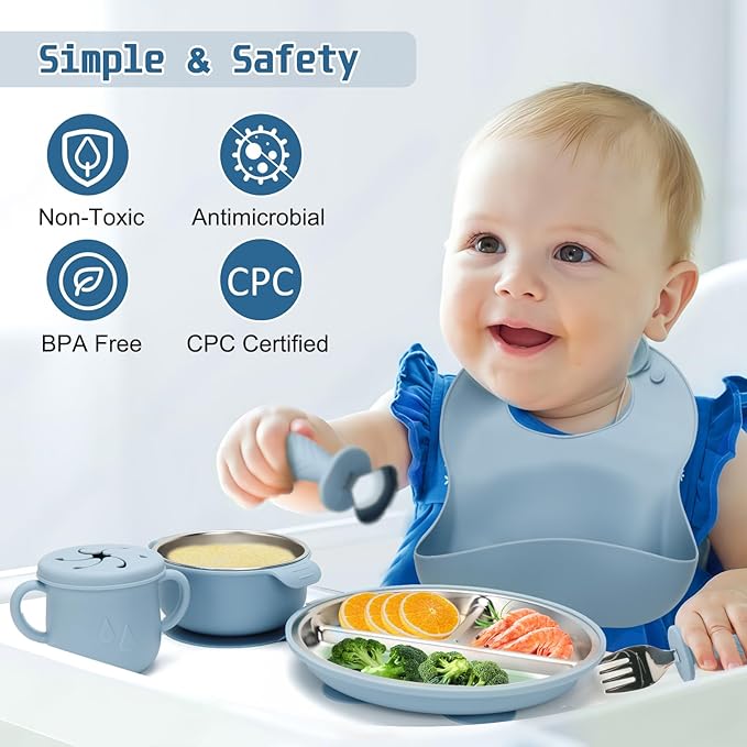 MISSLILI Stainless Steel Kids Plates and Bowls Set with Suction, Divided Baby Plate and Toddler Bowl with Removable Silicone Suction,Stainless Steel Weaning Bundle, Silicone Baby Feeding Set (Blue)
