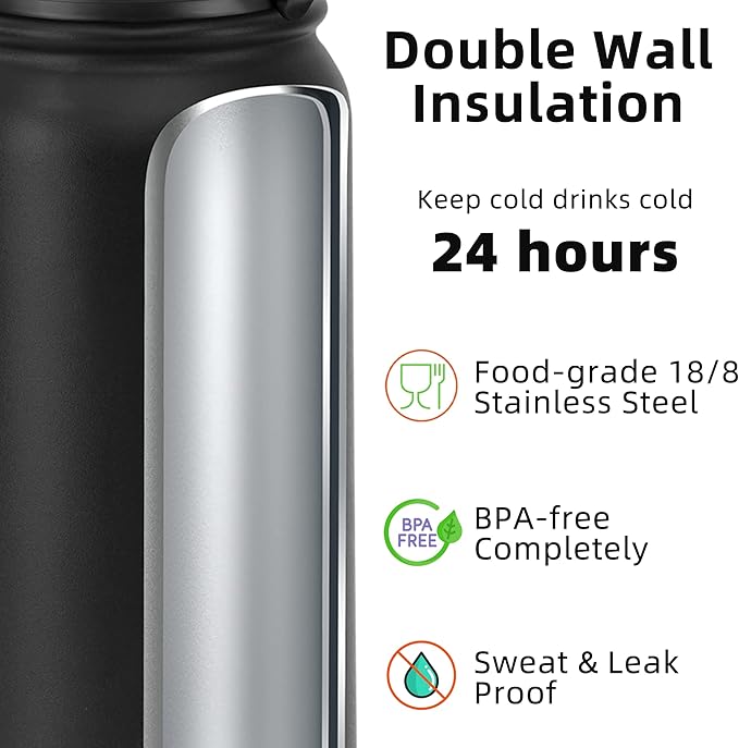 Fanhaw 40 oz Insulated Stainless Steel Water Bottle with Straw Lid, Leakproof Extra-Large Sports Bottle for Men & Women (Black)