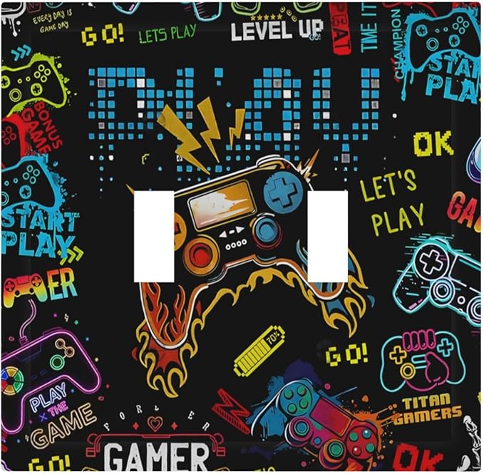 Gamer Video Game Themed Cool Controller Print Decorative Switch Plates 2 Gang Double Toggle Outlet Light Switch Cover Wall Plate Electrical Faceplate for Kids Room Office Decor