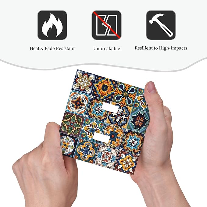 Mexican Talavera Tiles Floral Decorative Switch Plates 2 Gang Double Toggle Outlet Light Switch Cover Wall Plate Electrical Faceplate for Bathroom Kitchen Decor