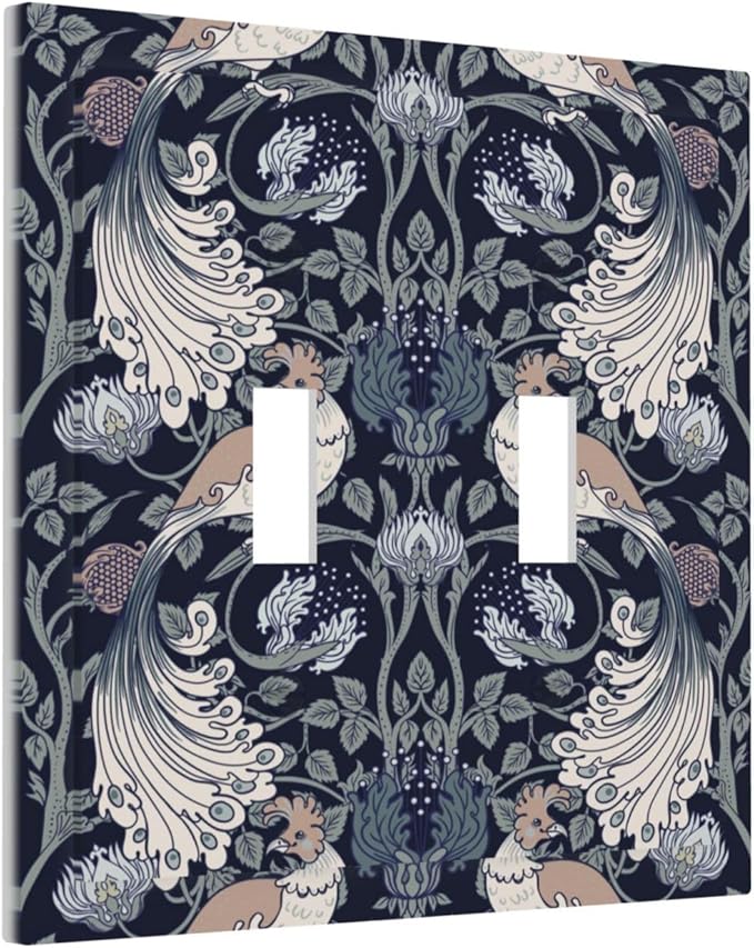William Morris Vintage Floral Birds Peacocks Double Toggle Light Switch Covers 2 Gang Wall Plate Dual Decorative Switchplate Electrical Faceplate for Country Bathroom Bedroom Decor