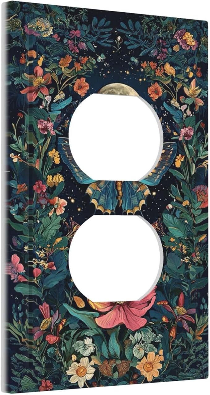 Outlet Covers Bohemian Moon Butterfly Floral 1 Gang Duplex Light Switch Cover Plate Decorative Switch Plate Covers Electrical Socket Cover for Bedroom Cabin Decor
