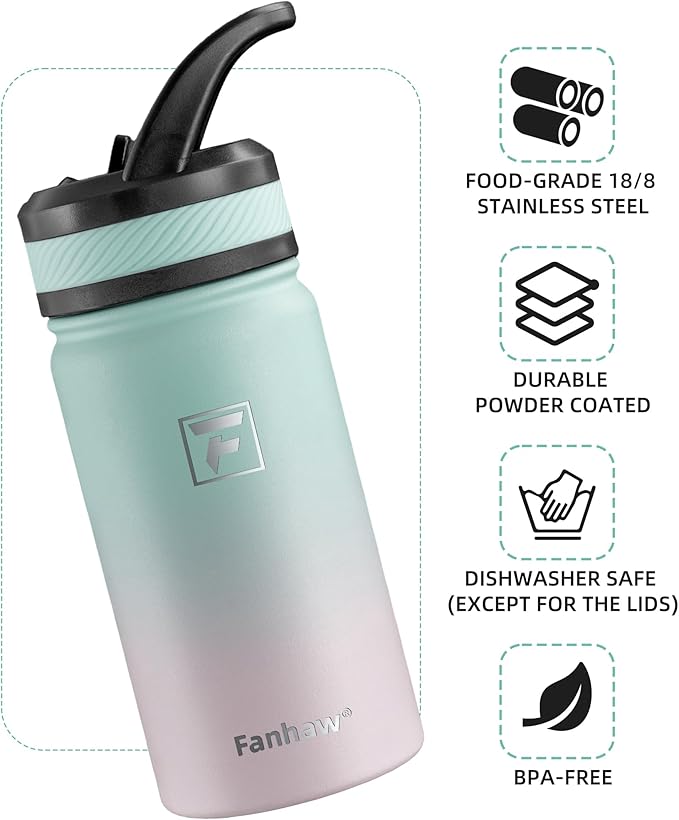 Fanhaw 14 Oz Kids Insulated Water Bottle with Straw Lid – Stainless Steel Double Wall Vacuum, Leak-Proof, BPA-Free Water Bottles for School Boys & Girls(Green Pink)