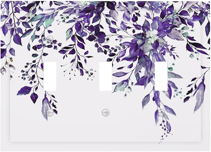Decorative Light Switch Cover Plate Purple Eucalyptus Boho Olive Leaves Country Unique 3 Gang Wall Plate Switch Plate Covers Triple Toggle Jumbo Electrical Faceplate for Bedroom Decor