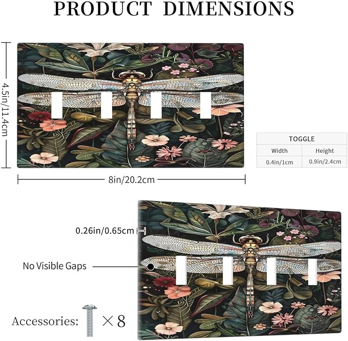 Vintage Dark Green Dragonfly Flowers Floral Botanical Light Switch Covers Quad Toggle Electrical Faceplate 4 Gang Wall Plate Decorative Switch Plates Cover for Farmhouse Home Decor