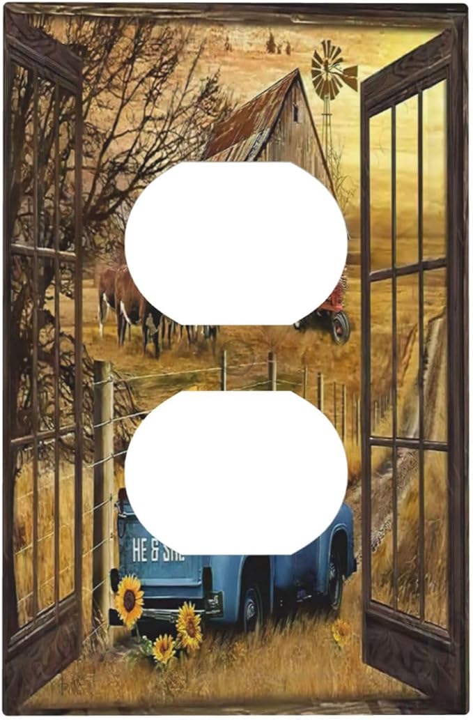 Fall Western Farmhouse Cow 1 Gang Outlet Plate Covers Decorative Single Duplex Wall Plate Barn door Blue Truck Electrical Receptacle Light Switch Cover Art Faceplate Switchplate for Home Decor