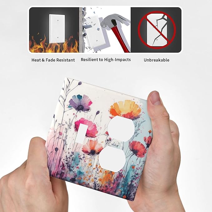 Decorative Outlet Covers Colorful Watercolor Wildflowers Elegant Painting Floral 2 Gang Wall Plate Single Toggle Duplex Light Switch Cover Switch Plate Covers Faceplate for Bedroom Decor
