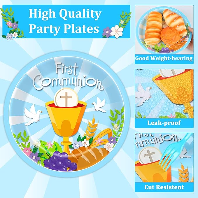 Qyeahkj 100 Pcs Baptism Plates and Napkins, First Holy Communion Party Blue Paper Disposable Tableware Decorations for Boys God Bless Decor for Christening Celebration Party Baby Shower, Serves 25