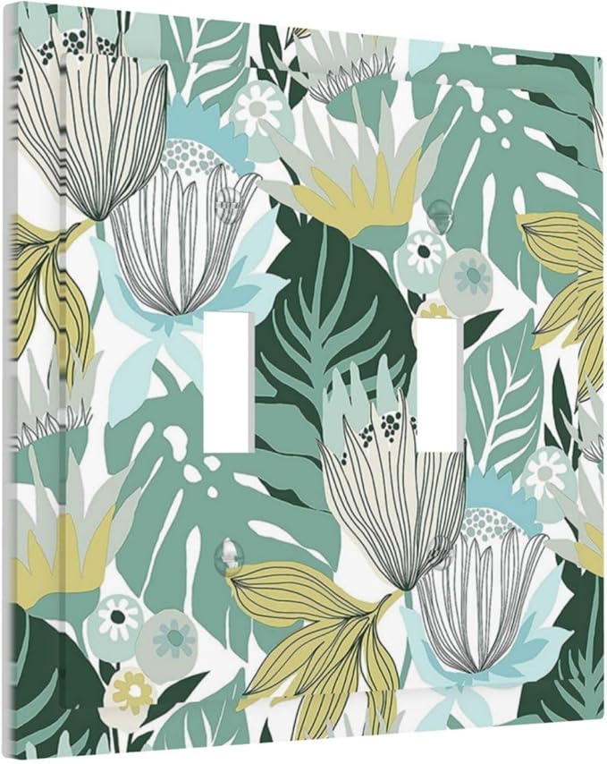 Retro Tropical Leaves 2 Gang Light Switch Cover Plate Double Toggle Wall Plate Decorative Outlet Cover Electrical Faceplate Switchplate for Bedroom Bathroom Kitchen Decor
