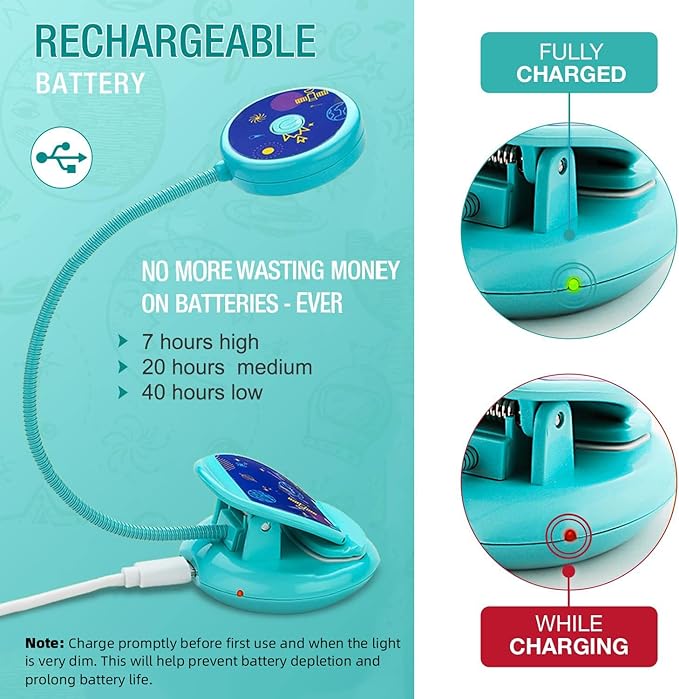 Vekkia Cute Rechargeable Book Light,Eye Caring Reading Light for Kids Clip on, 3 Colors & 3 Brightness, 1.8oz Super Light Weight, Up to 40 Hours Reading. Great Gifts for Kids & Readers (Blue)