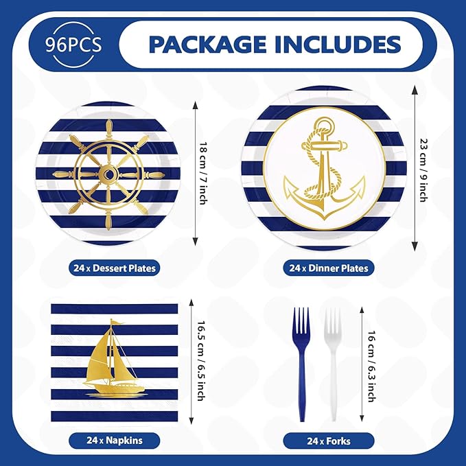 98 Pcs Nautical Party Supplies Sailing Decoration Plates and Napkins White and Blue Tableware Set for Boy Birthday Baby Shower Nautical Theme Celebrations Serves 24