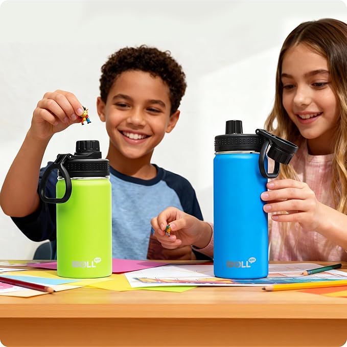 12 oz Water Bottle for Kids Stainless Steel Vacuum Insulated Wide Mouth Sports Water Bottle-Small Metal Water Flask for Girls Boys, BPA-Free(Apple Green)