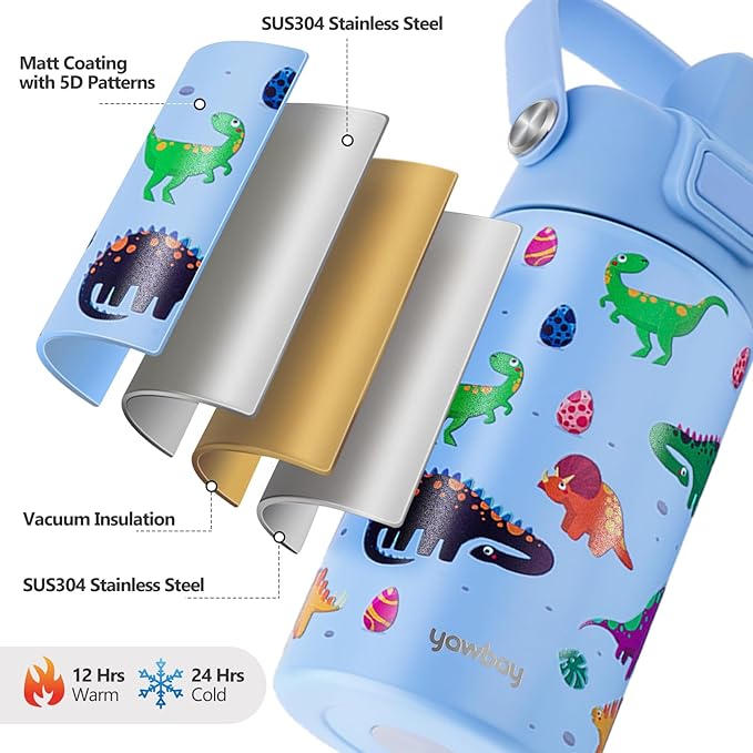 Kids Water Bottle for School 12 oz,Stainless Steel Insulated Water Bottles,Dinosaur Water Bottle for Toddler Boys Girls with Pop-Up Straw-Cap(Dino)