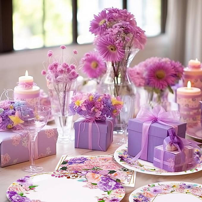 Grencian 96Pcs Spring Floral Party Supplies Pink Purple Flowers Paper Plates and Napkins Disposable Spring Floral Tableware Set for Mother’s Day Tea Party Wedding Bridal Shower Baby Shower, Serves 24