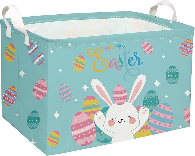 Essme Rectangular Easter Basket, Kids Storage bin Organizer with Handles for Easter Decor,Shelf Basket,Toy Organizer,Easter Gift.(Rabbit Easter Eggs)