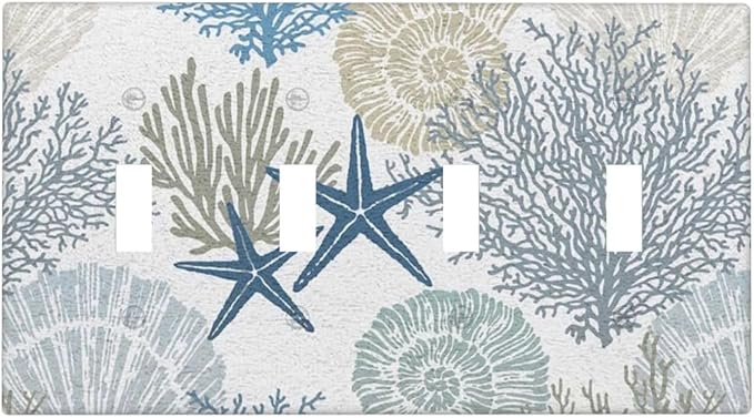 Blue Nautical Beach Coral Starfish 4 Gang Quad Toggle Light Switch Cover Plate Decorative Electric Faceplate Decorative Switchplate Screwless