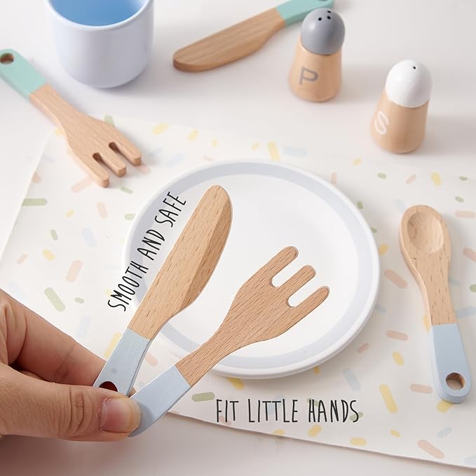 Lonico Wooden Play Kitchen Accessories Toys for Toddlers 3-5, Kids Play Kitchen with Realistic Plates & Dishes & Tableware, Montessori Pretend Christmas Birthday Gifts for 3 4 5 6 Years Girls Boys
