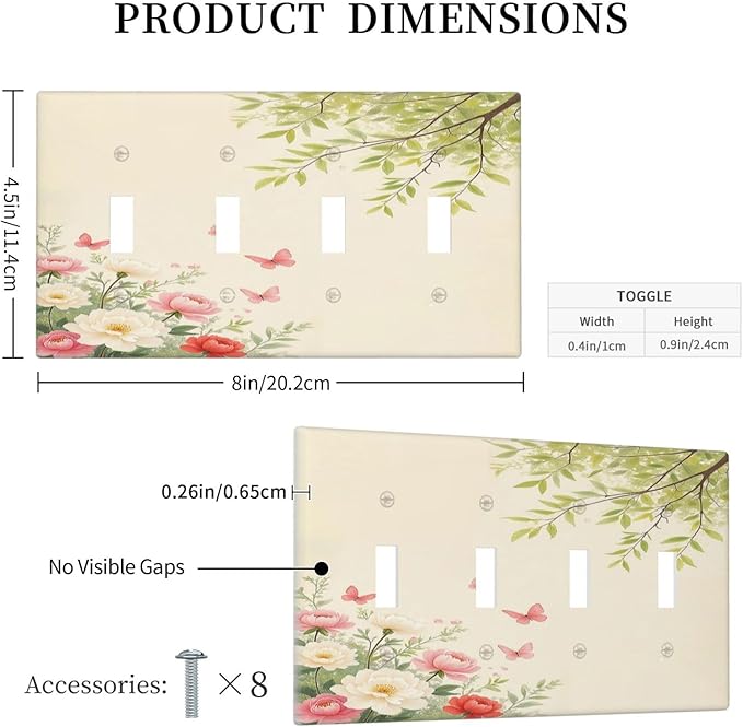 Light Switch Covers Garden Flowers Green Leaves And Butterflies Quad Toggle 4 Gang Wall Plate Electrical Faceplate Decorative Switch Plates for Bedroom Cabin Decor