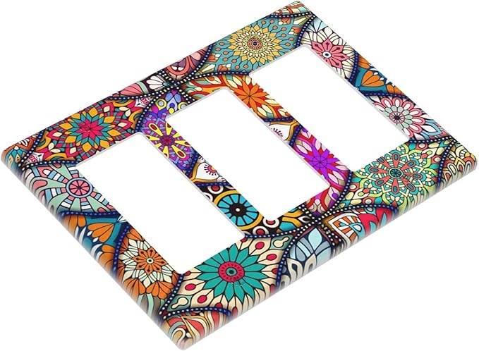 Bohemian Triple Rocker Light Switch Plate Covers Decorative Gifi Lightswitch Faceplate colorful Vintage Floral Mandala Flower 3 Gang Decora Wall Plate for Bathroom Kitchen 6.38" X 4.9"