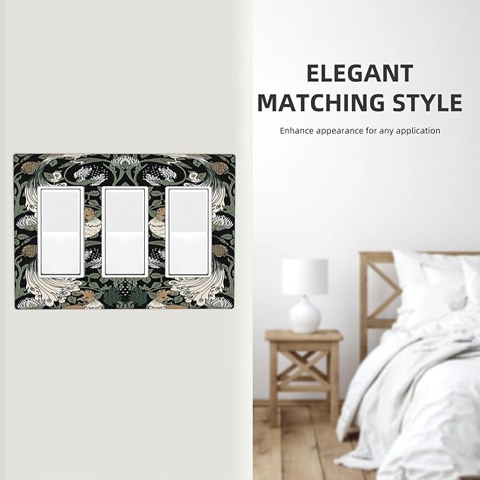Light Switch Covers William Morris Vintage Floral Plants And Birds 3 Gang Rocker Electrical GFCI Decorative Triple Outlet Wall Plate Cover Switchplate for Bedroom Home Decor