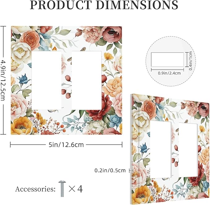 Rustic Style Colorful Peony Butterfly Dragonfly Decorative Outlet Covers 2 Gang Double Gfci Rocker Electrical Wall Panels Light Switch Cover Plate for Bedroom Living Room Decor