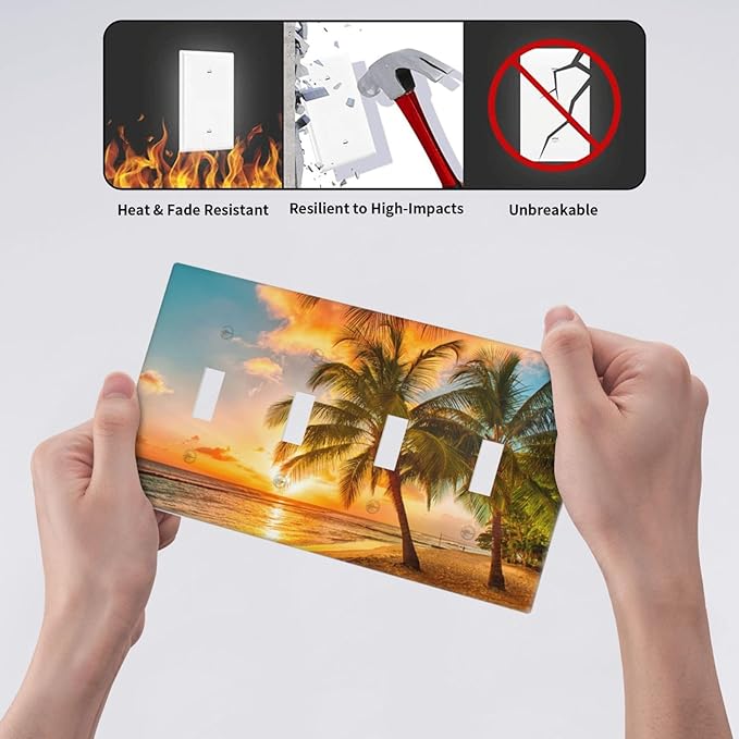 Light Switch Cover Sunset Beach Palm Tree Seascape 4 Gang Switch Plate Quad Toggle Wall Plates Tropical scenery Decorative Switchplate Electrical Outlet Cover Plates for Bathroom Home Decor