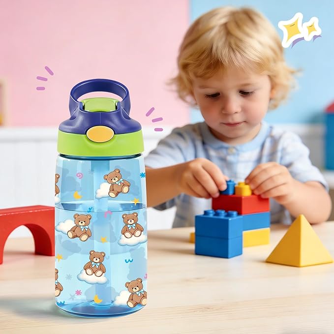 14oz Bear Kids Water Bottle with Straw - Bears Clouds Water Bottle For School, Leakproof, Lightweight, Durable Plastic Bottles for Kids Travel, Pop-Up Straw Cover, Gift Cup for Girls (Bear)