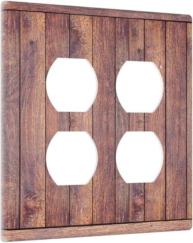 Decorative Outlet Covers with Wood Texture Rustic Vertical Planks Brown Design 2 Gang Wall Plate Double Duplex Receptacle Light Switch Cover Switch Plate Cover Vintage Kitchen/Bedroom Decor