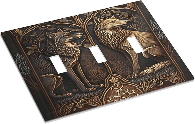 Medieval Wolves Animal Vintage Print Decorative Switch Plates 3 Gang Wall Plate Triple Toggle Light Switch Cover Faceplate Electrical Wall Panels for Farmhouse Home Decor