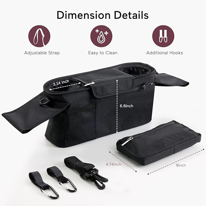 Universal Stroller Organizer with Insulated Cup Holder Detachable Phone Bag and Carry Strap Fits Uppababy, Baby Jogger, Britax, BOB, Umbrella and Pet Stroller and more (Black)