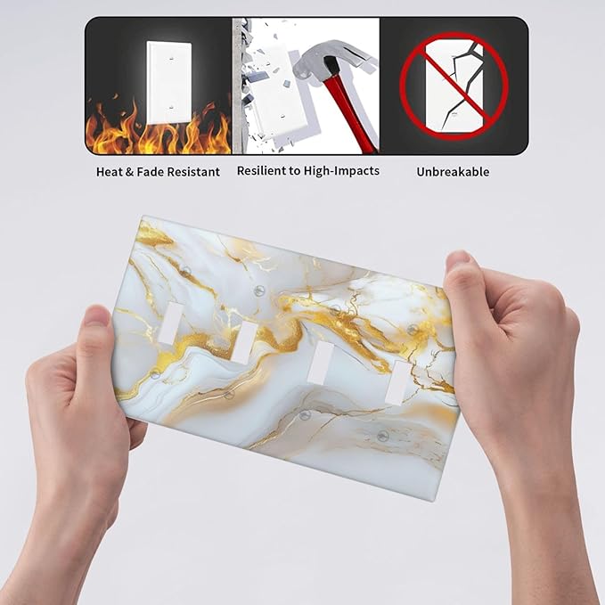Decorative Switch Plate Cover Abstract Gold Marble Design with White & Gold 4 Gang Artistic Wall Plate Unique Quad Toggle Light Switch Covers for Modern Luxurious Decor