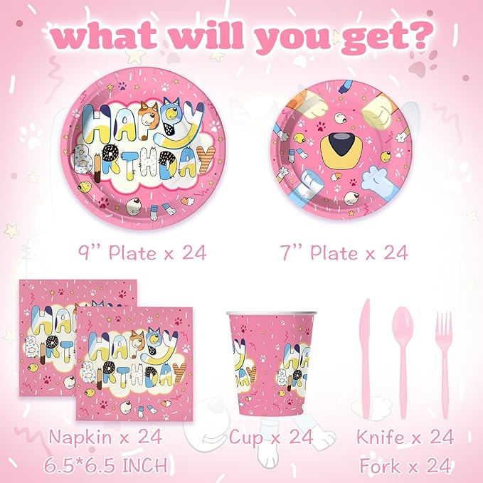 Pink Cartoon Puppy Themed Party Supplies for 24 Guests,Pink Dog Birthday Decorations Disposable Tableware Set With Plates, Cups, Napkins & Cutlery For Kids Child Themed Birthday Party