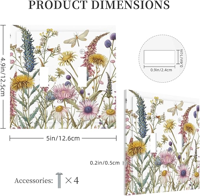 Light Switch Cover Plate Botanical Wildflowers Dragonfly Colorful Floral 2 Gang Double Toggle Decorative Switch Plates Wall Plates Electrical Faceplate for Bathroom Bedroom Decor