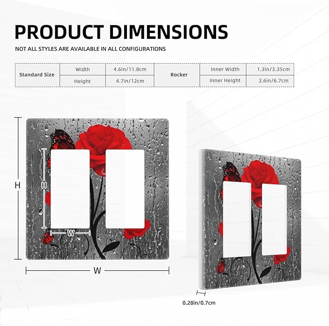 Butterfly Red Rose Flower 2 Gang Double Rocker/Decor Light Switch Cover Decorative Outlet Wall Plate Electrical Faceplate Home Bedroom Art Panel Decor Screwless 4.7" x 4.6