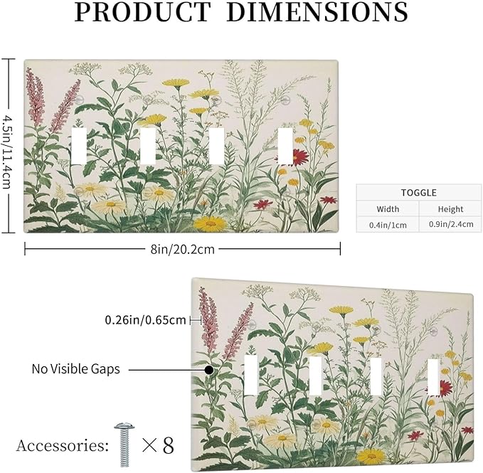 Rustic Wildflower Green Plants Daisy Floral Light Switch Covers Quad Toggle Electrical Faceplate 4 Gang Wall Plate Decorative Switch Plates For Farmhouse Bed Room Decor