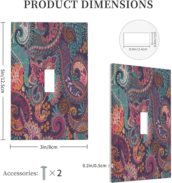 Mandala Boho Paisley Purple Floral Colorful Flower Decorative Light Switch Cover 1 Gang Single Toggle Device Electrical Faceplate Switchplates Decorator Outlet Wall Plate for Home Bedroom Decor
