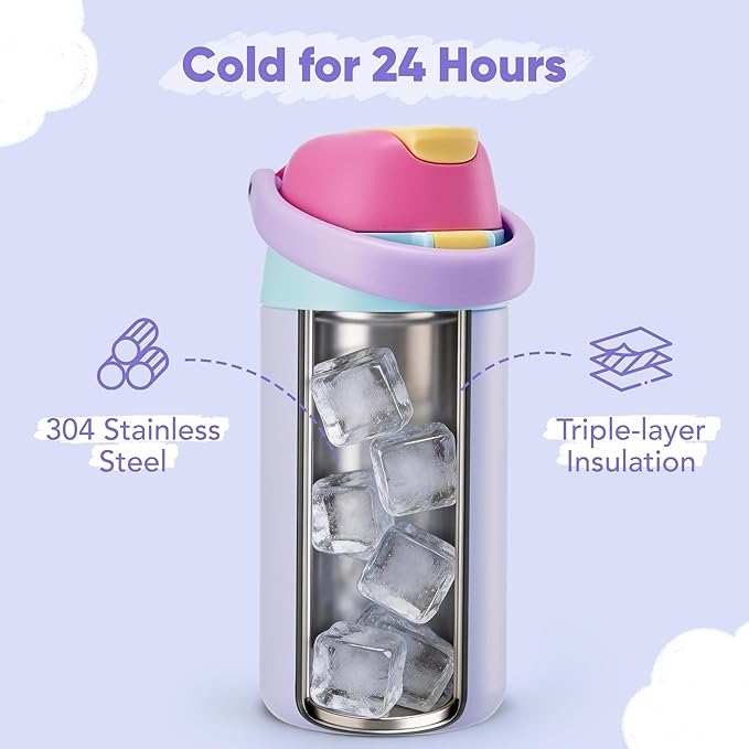 12 oz Water Bottle Insulated, 304 Stainless Steel Insulated Kids Water Bottle with Straw, 2-in-1 Lid Toddler Cups for School Boys Girls, BPA-Free, Leak-Proof, Great for Sport, Travel, Gift, Rainbow