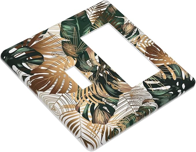 Green Tropical Leaves Gold Palm Leaf Botanical 2 Gang Single Toggle Rocker Combination Light Switch Cover Unique Decorative Wall Plate Cover Electrical Faceplate Switchplate for Bedroom Decor