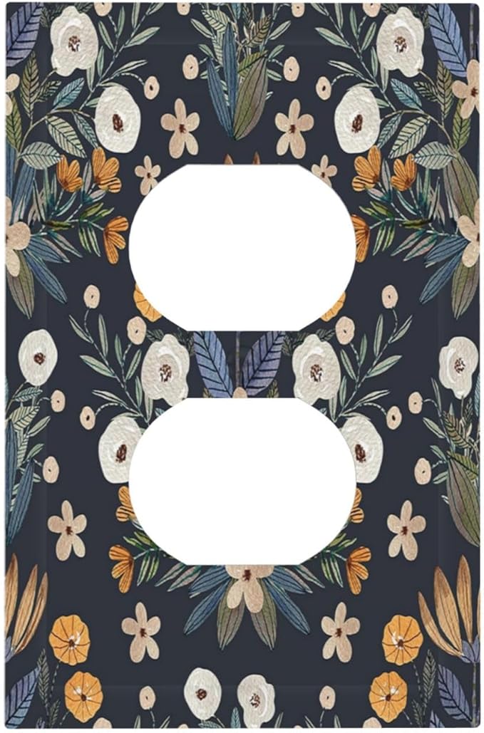 Boho Leaf Floral Navy Blue Background Single Duplex Wall Plate Covers Light Switch Cover 1 Gang Outlet Plate Decorative Switchplate Covers Electrical Faceplate for Farmhouse Bedroom Bedroom Decor