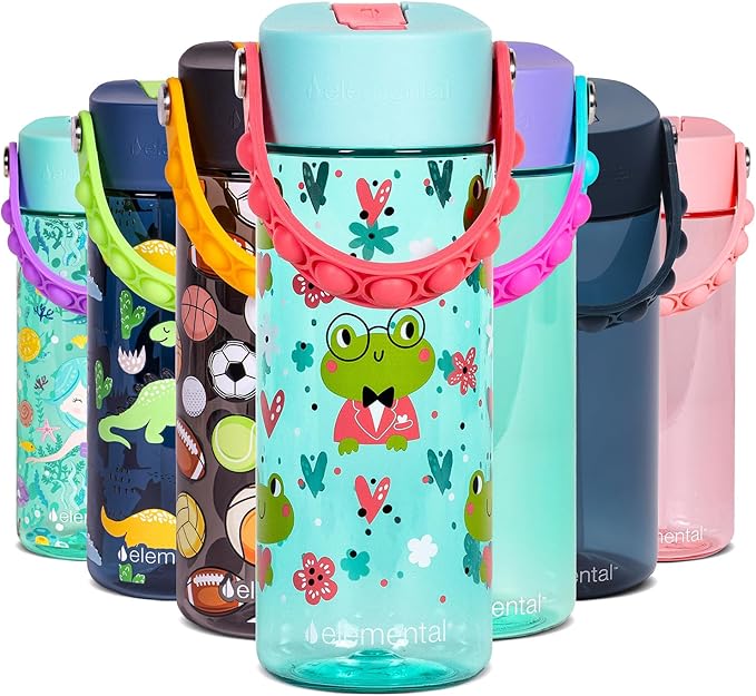 Elemental Water Bottles for Kids - Splash Kids Water Bottle for School with Pop-it Handle - BPA Free Tritan Plastic Water Bottle with Straw Leak Proof when Spout is Closed - Fancy Frog - 18oz