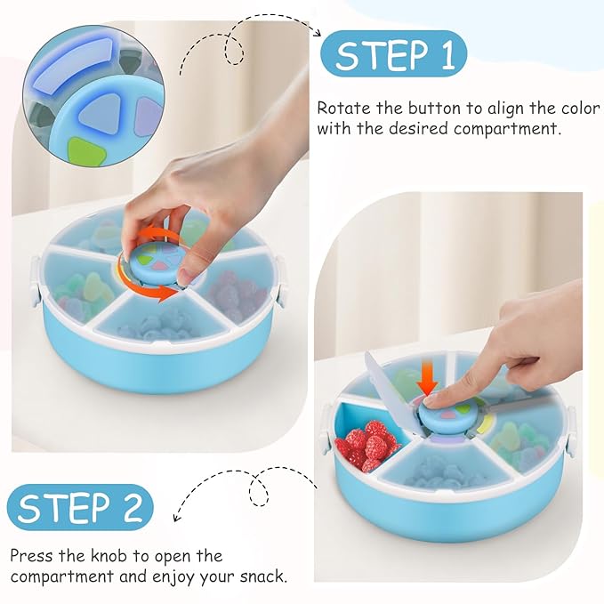 JOOPETALK Kids' Rotating Snack Container Set – 2-Pack, Includes 1 Rotating Snack Container & 1 Round Sectioned Snack Box, BPA-Free, Dishwasher Safe, Perfect for Travel-Blue