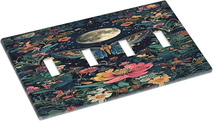 Light Switch Cover Plate Bohemian Moon Butterfly Floral 4 Gang Quad Toggle Wall Plate Electrical Outlet Cover Decorative Switch Plate Covers for Bedroom Cabin Decor