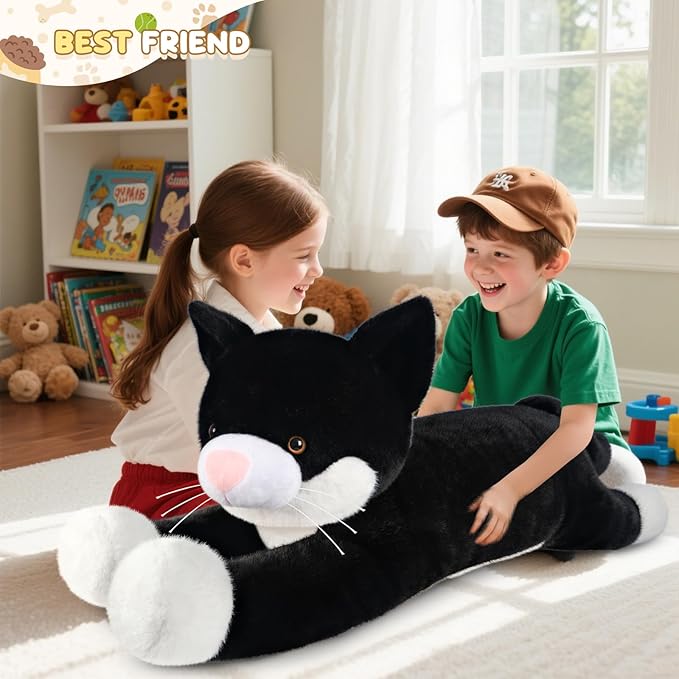 SuzziPals 43 inch Black and White Cat Stuffed Animal, Lifelike Tuxedo Cat Plush Toy for Stress Relief & Companion, Extra Soft Giant Stuffed Animals, Giant Plushies Gifts for Kids Adults