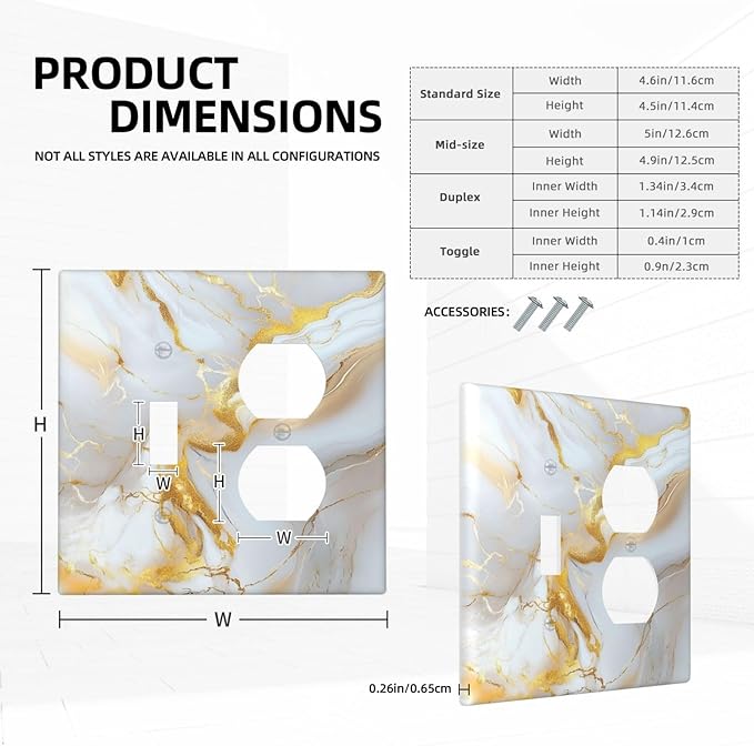 Decorative Switch Cover Plate Abstract Gold Marble Design with White & Gold Toggle Duplex Wall Plate 2 Gang Light Switch Cover Outlet Covers for Modern Luxurious Decor