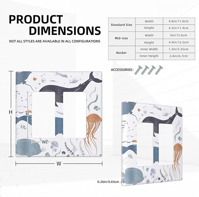 Kids Sea Animal Decorative Double Rocker Light Switch Cover 2 Gang Outlet Wall Plate Decorative GFCI Switchplate Electrical Faceplate for Nursery Kidsroom Bedroom Decor