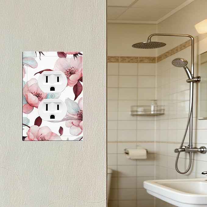 Watercolor Pink Cherry Blossom & Floral Burst Duplex Wall Plate - 1-Gang Standard US Size Romantic Floral Escape Outlet Covers for Bathroom Bedroom Vanity Decor