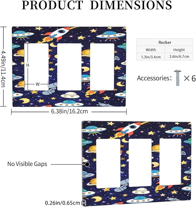 Decorative Outlet Covers Navy Blue Space-themed Rocket Spaceship 3 Gang Light Switch Cover Plate Triple Rocker Wall Plates for Electrical Switch Plate Covers for Children's Room Decor