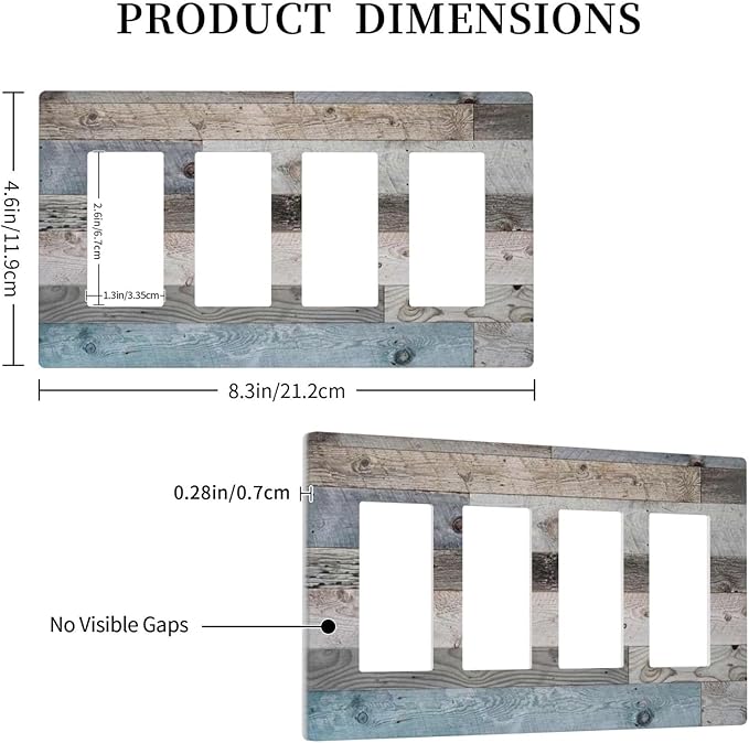 Western Barn Cabin Blue Wooden 4 Gang Quad Device Screwless Decorator GFCI/Rocker Wall Plate Farmhouse Rustic Kitchen Teal Wood Plank Board Light Switch Dimmer Receptacle Outlet Cover Standard Size