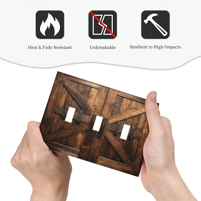 Decorative Light Switch Cover Plate Retro Brown Wood Barndoor 3 Gang Wall Plates for Electrical Outlets Triple Toggle Switch Plate Covers Outlet Covers Faceplate for Farmhouse Decor