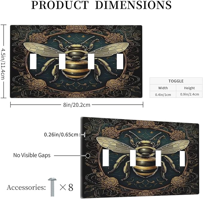 Light Switch Covers Mid Century Bee Dark Floral Quad Toggle Electrical Faceplate 4 Gang Wall Plate Decorative Switch Plates For Home Office Decor